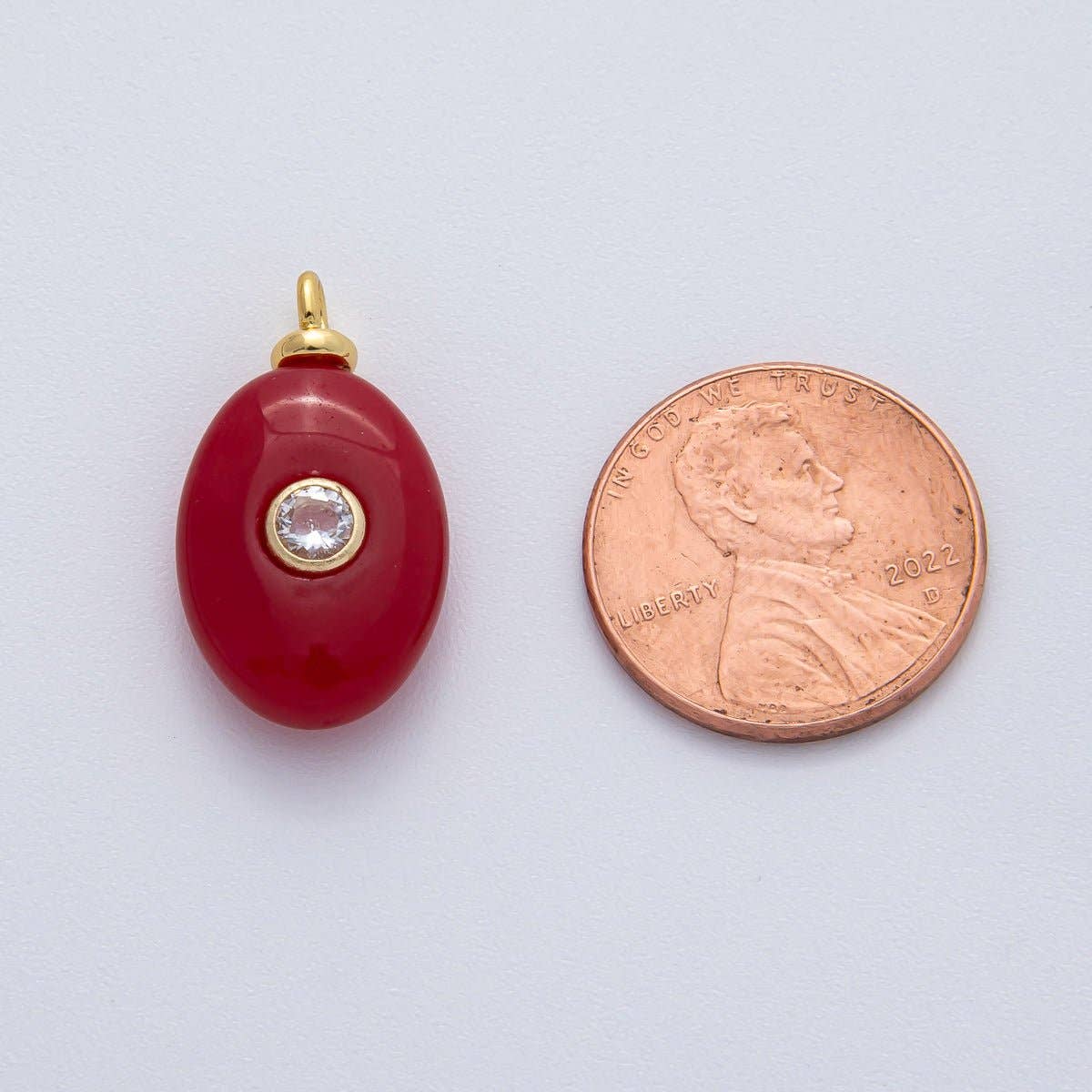 18K Gold Filled 23mm Clear CZ Red Carnelian Oval Gemstone Charm | AF1456