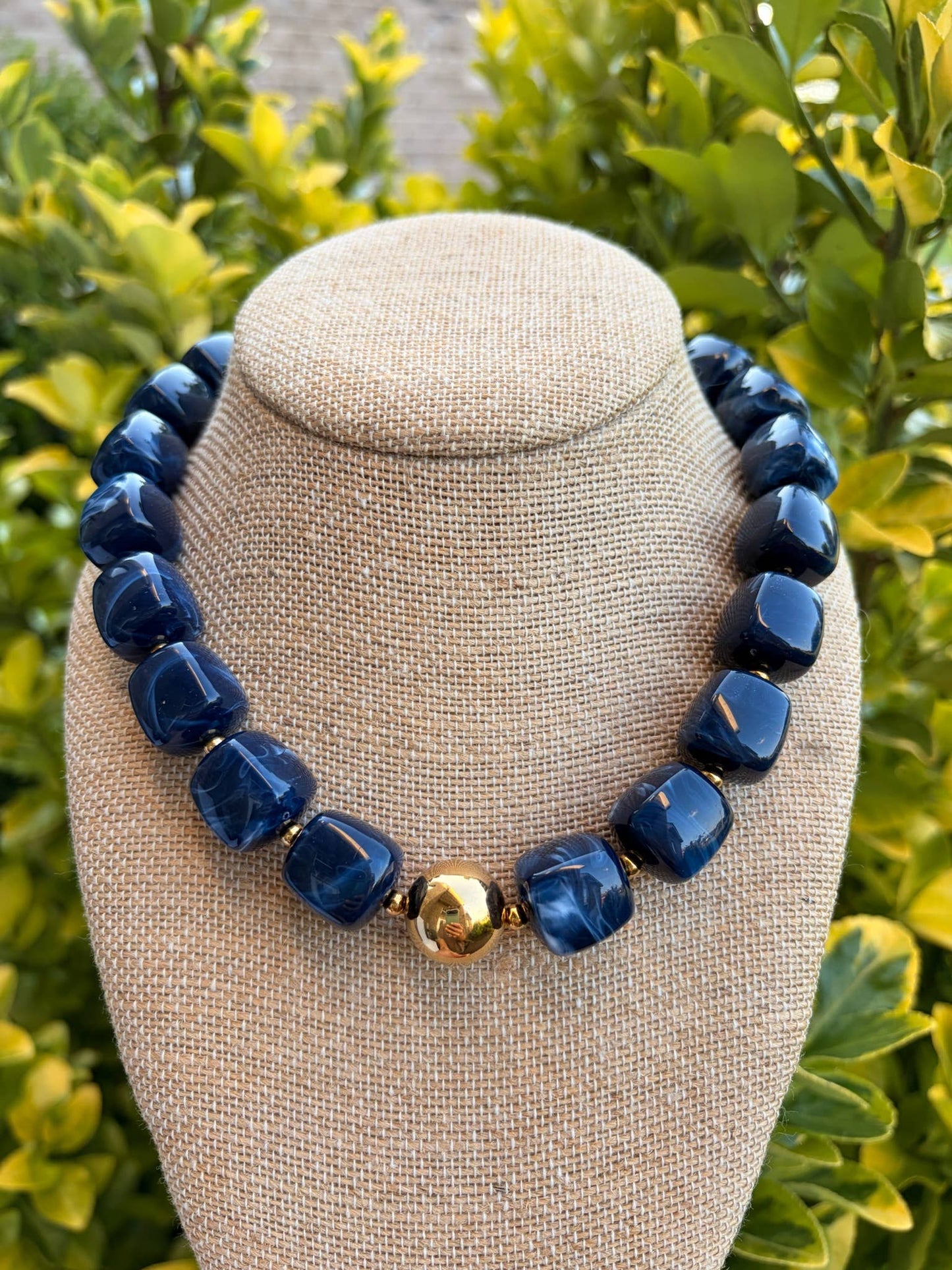 Navy Cube Bead Necklace with Gold Ball