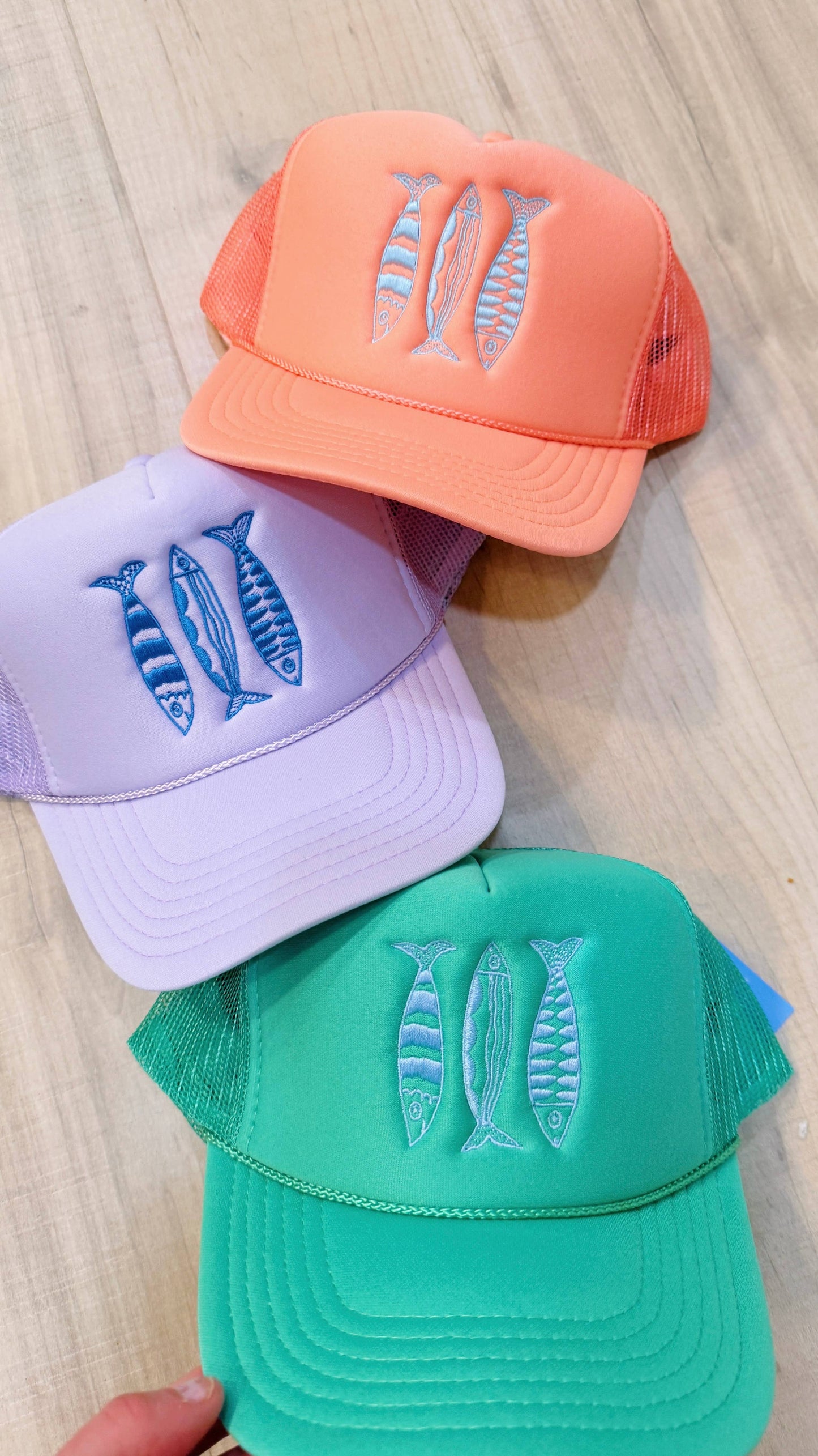 Sardine Summer Trucker Hat: Lavender hat | electric blue thread