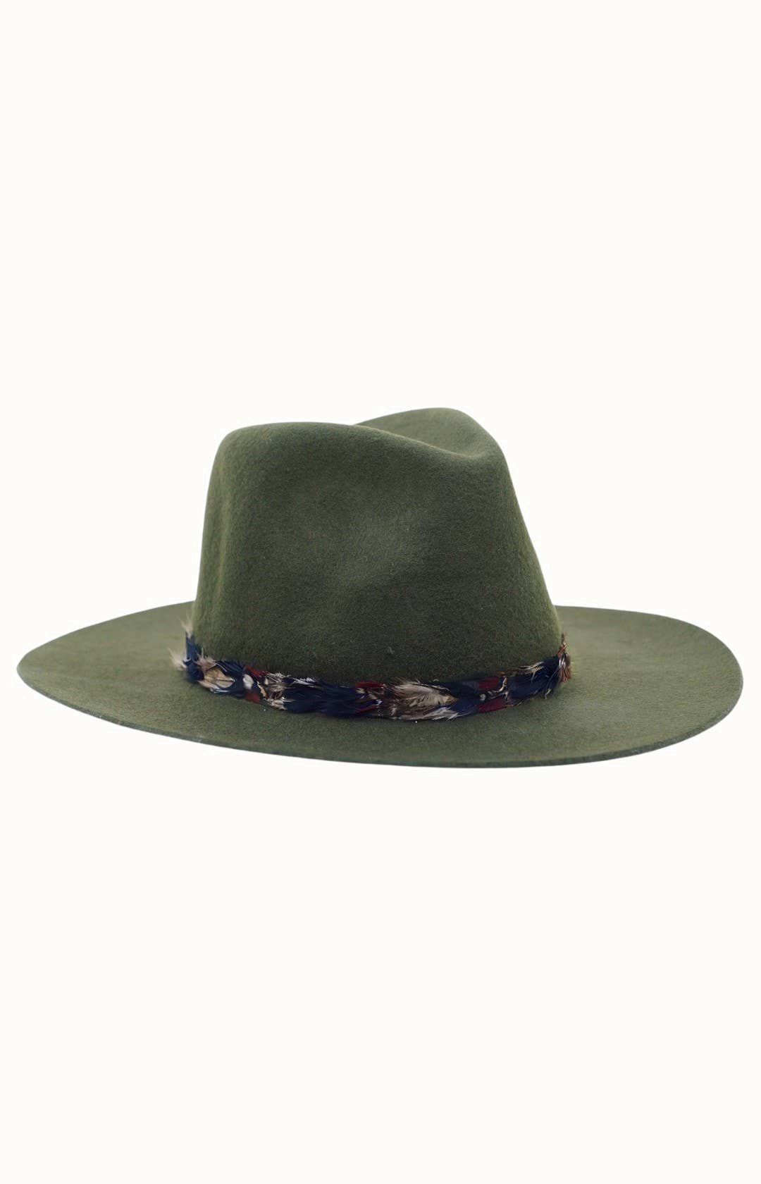 Feather Boho Trim Travel Friendly, Packable 100% Wool Felt Rancher, Adjustable, Olive