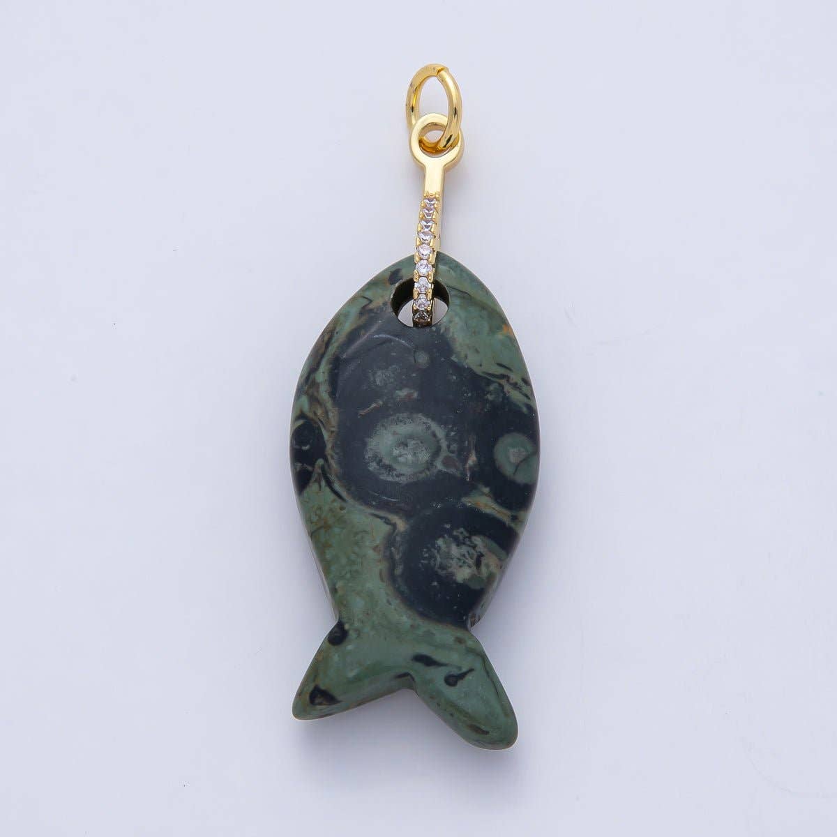 Gemstone Fish Charm with CZ Charm - Jasper