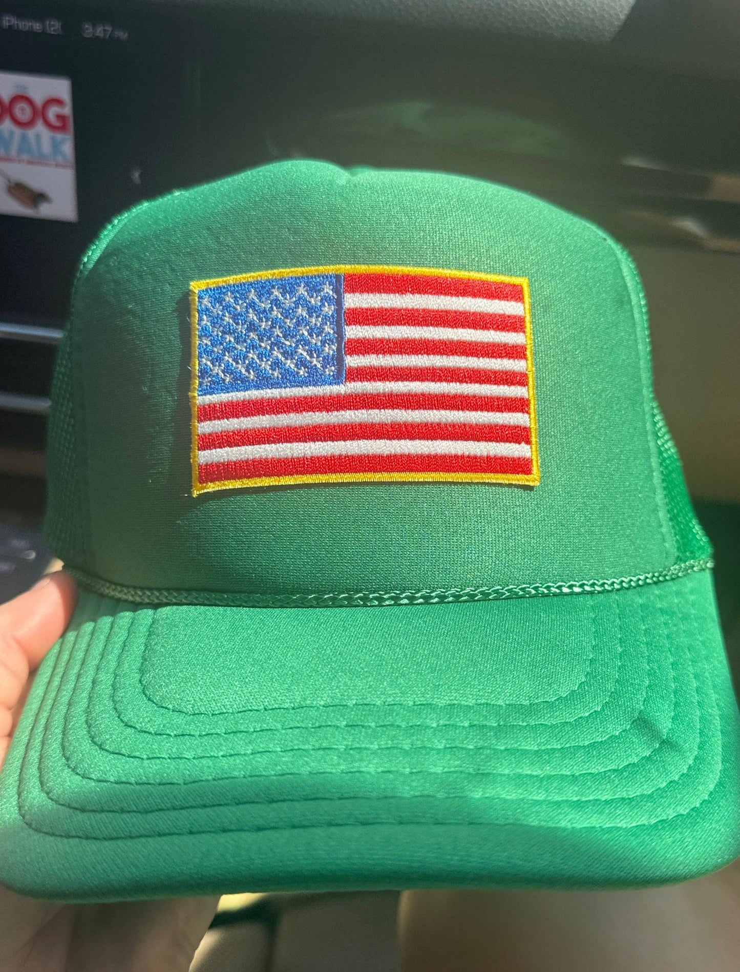 American Flag Patch Trucker Hat: Kelly green