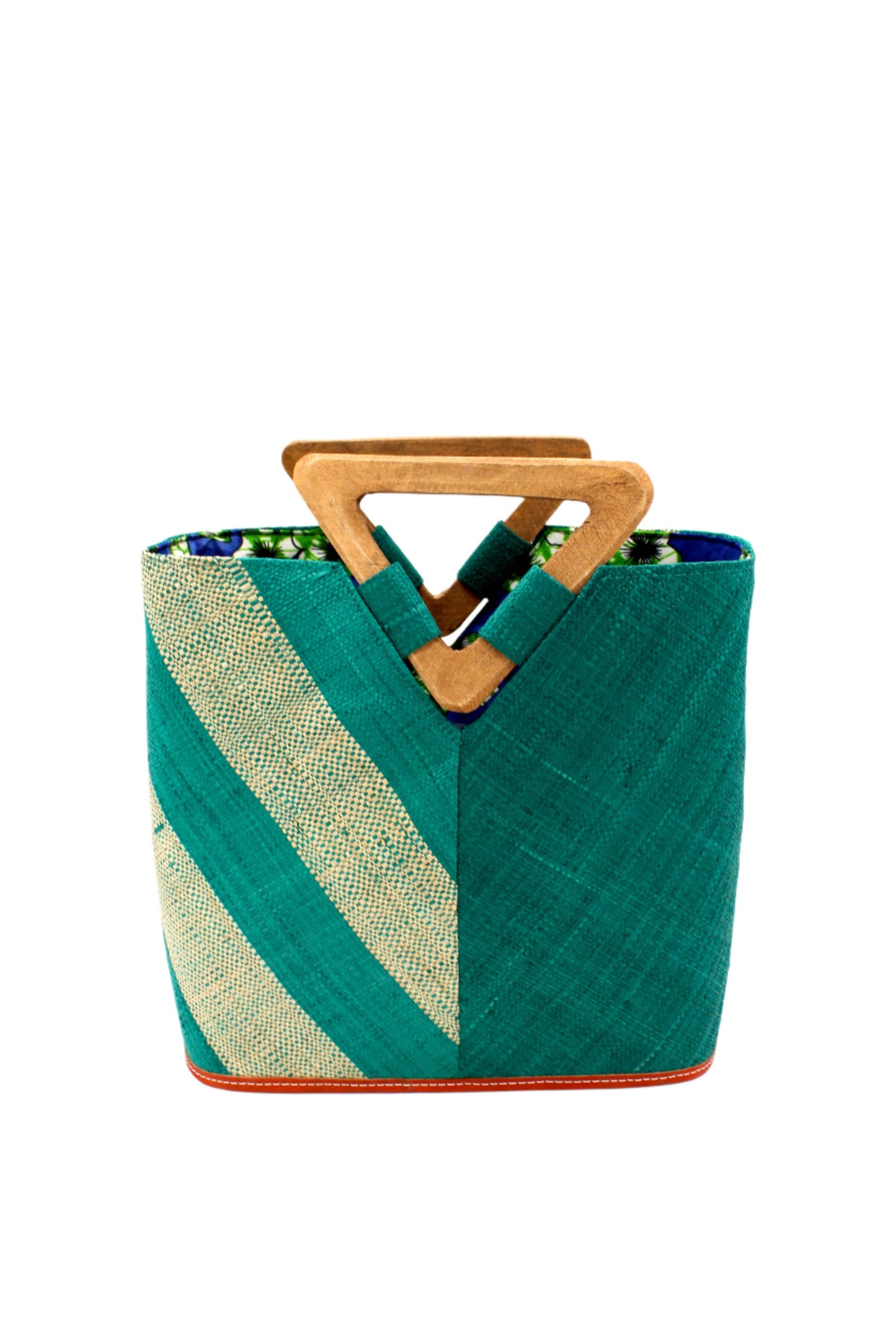 Zuki Two Tone Straw Bucket Handbag w/ Wood Triangle Handles: Coral Two Tone