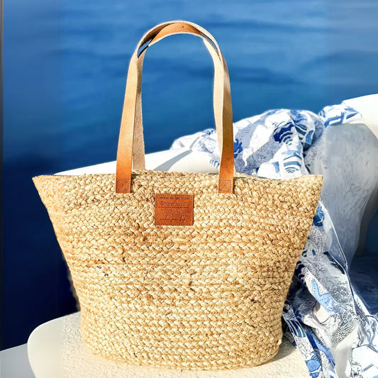 Jute Grass Natural Tote with Leather Handles