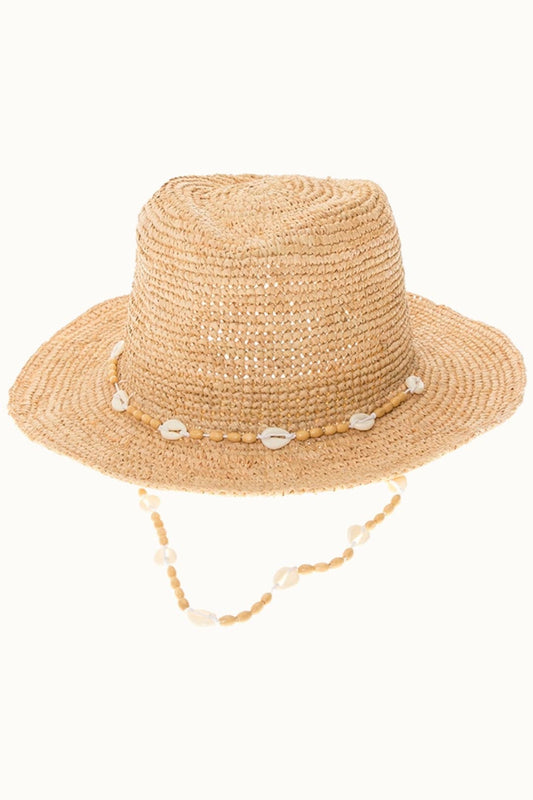 Raffia Straw Crochet Sun Hat with Shell Chin Cord,Adjustable