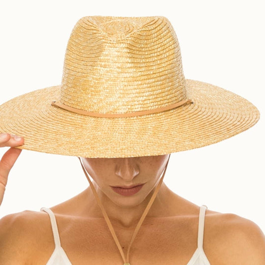 Structured Summer Straw Rancher Hat with Chin Cord: Beige