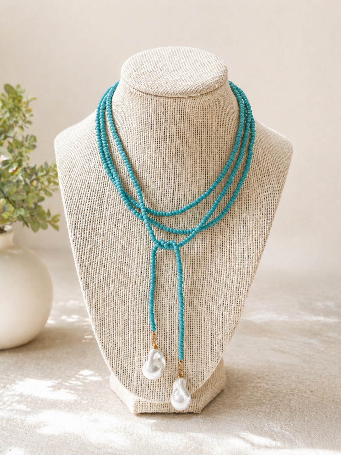 Long Seed Bead & Faux Baroque Pearl Lariat Wrap Necklace : Turquoise