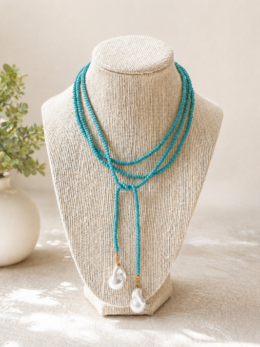 Long Seed Bead & Faux Baroque Pearl Lariat Wrap Necklace : Turquoise