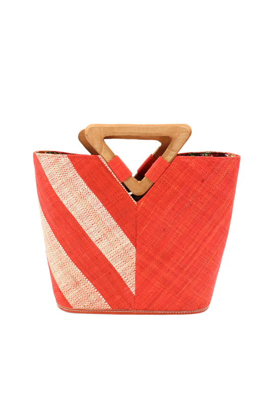 Zuki Two Tone Straw Bucket Handbag w/ Wood Triangle Handles: Coral Two Tone