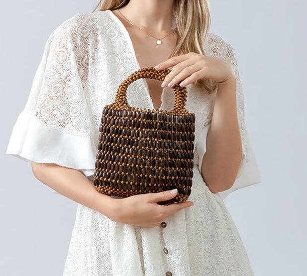 Wooden Bead Woven Handbags Coffee