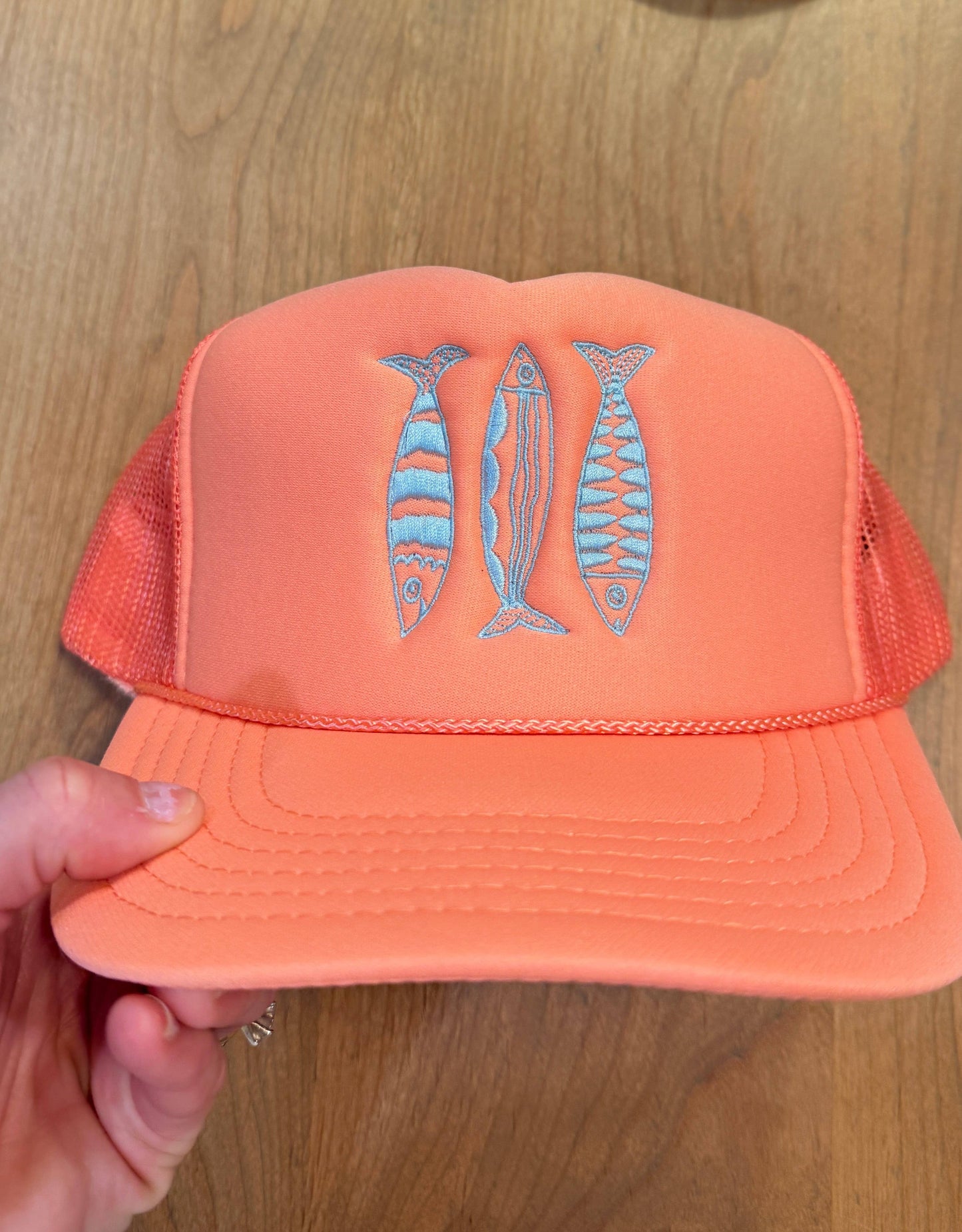 Sardine Summer Trucker Hat: Lavender hat | electric blue thread
