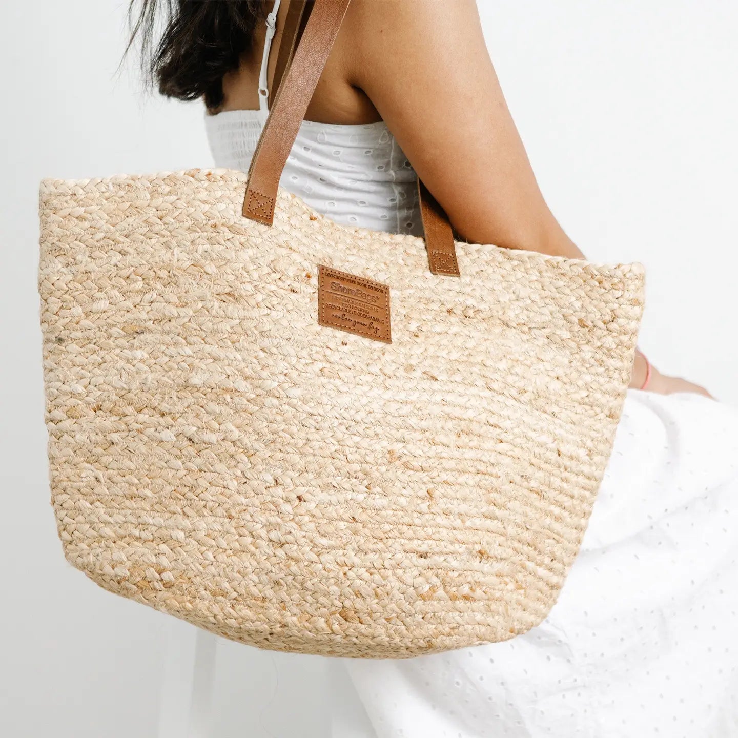 Jute Grass Natural Tote with Leather Handles