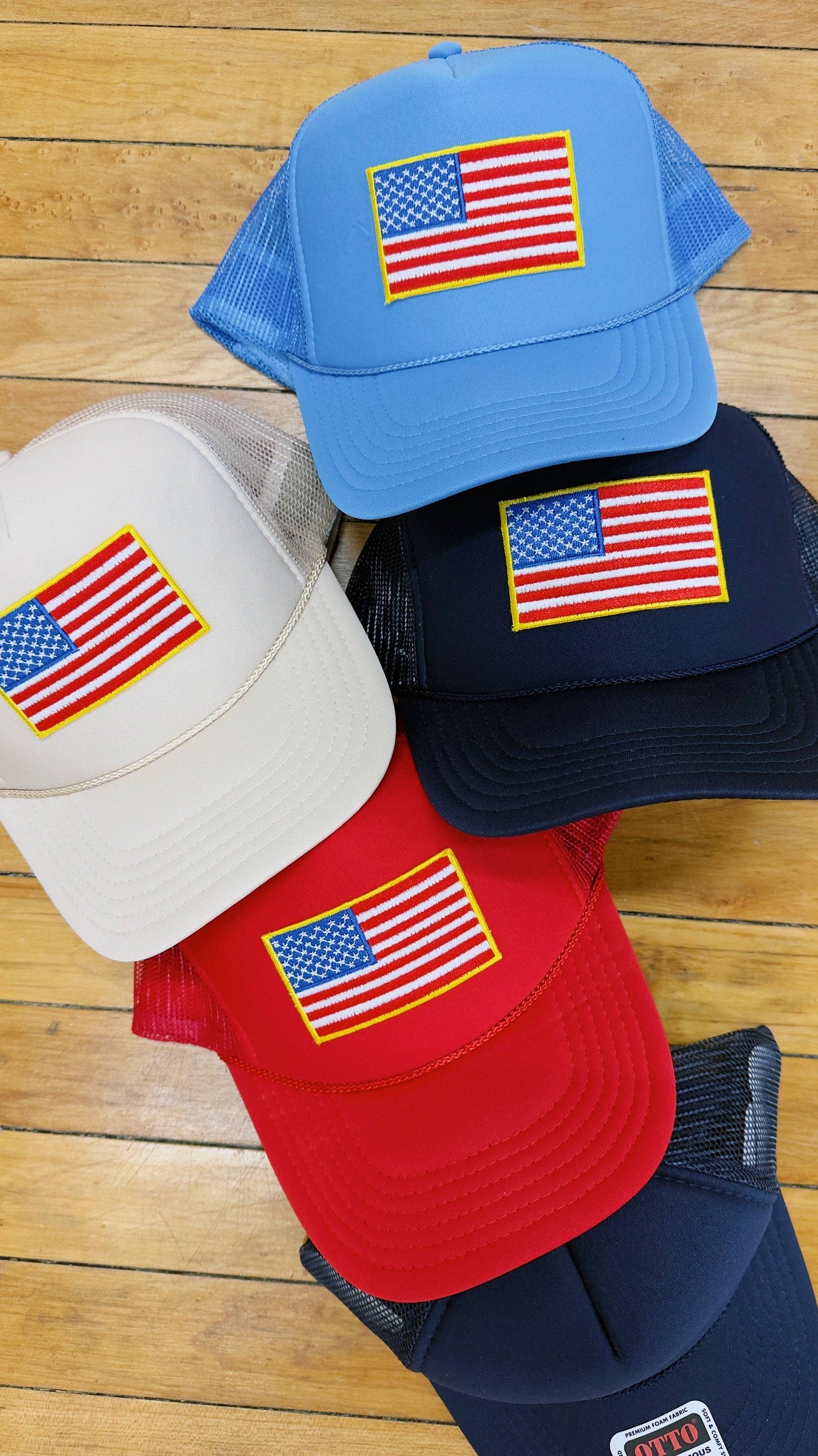 American Flag Patch Trucker Hat: Tan