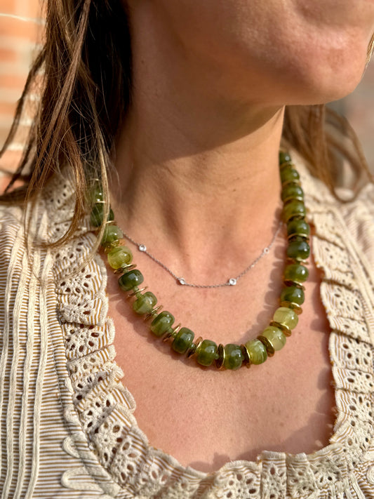 Round Olive Bead Necklace with Gold Spacers