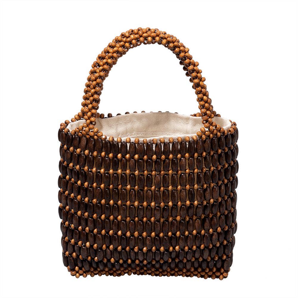 Wooden Bead Woven Handbags Coffee