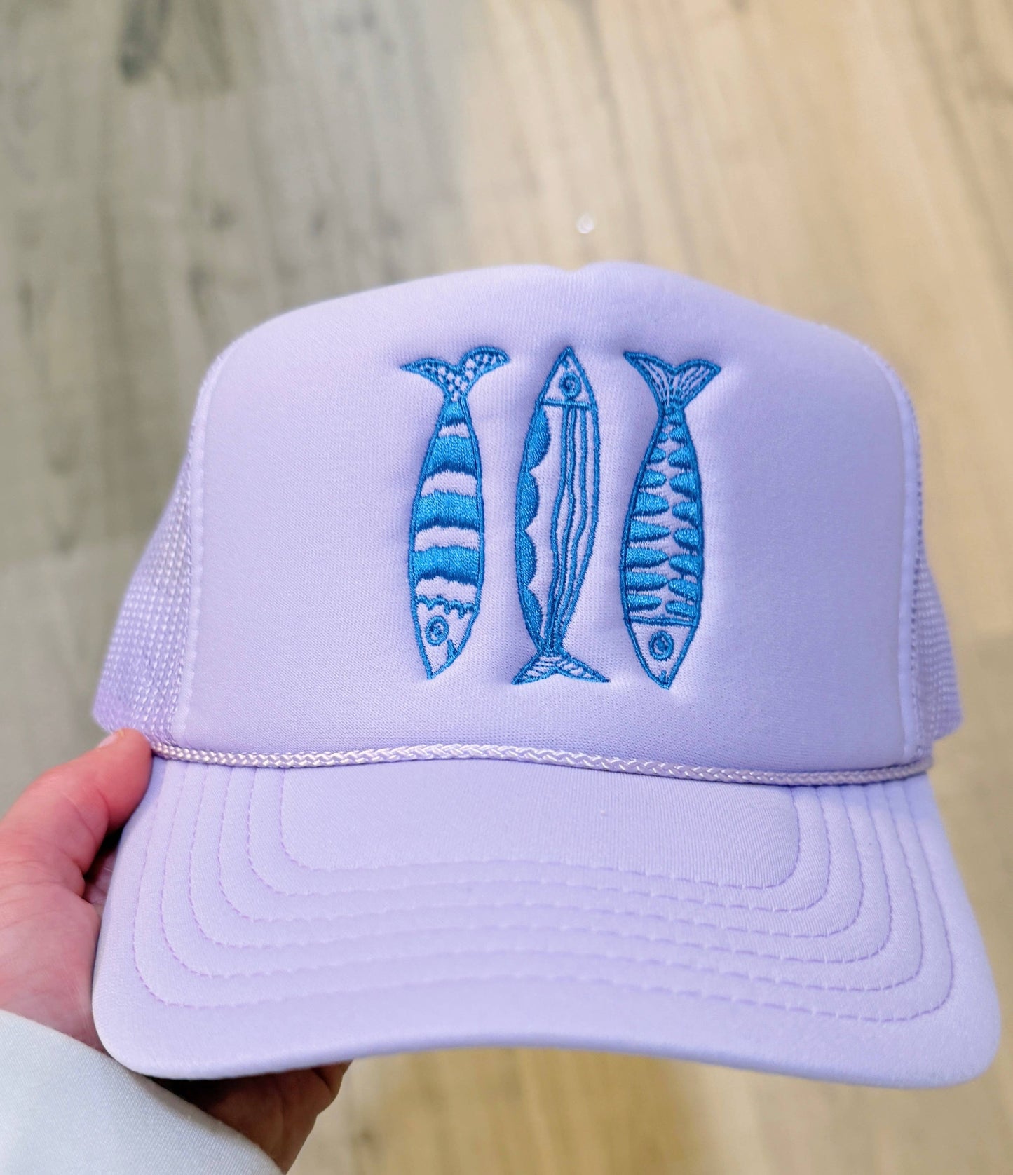 Sardine Summer Trucker Hat: Lavender hat | electric blue thread