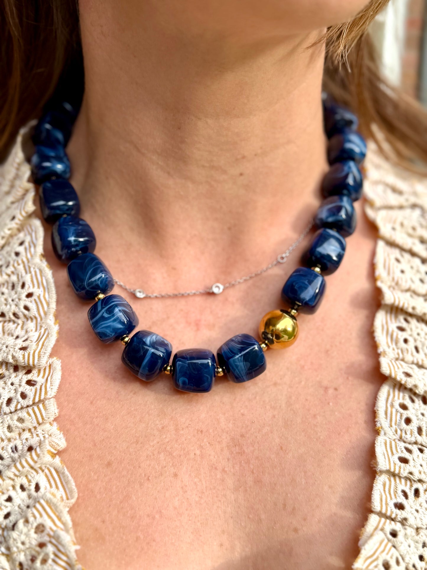 Navy Cube Bead Necklace with Gold Ball