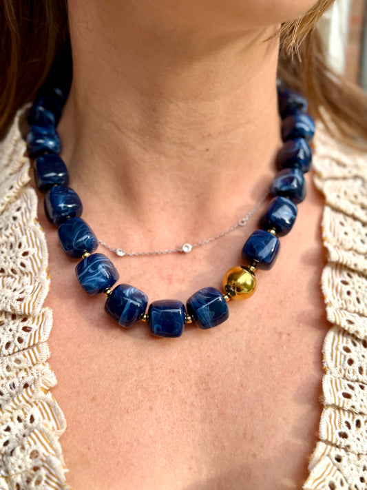 Navy Cube Bead Necklace with Gold Ball