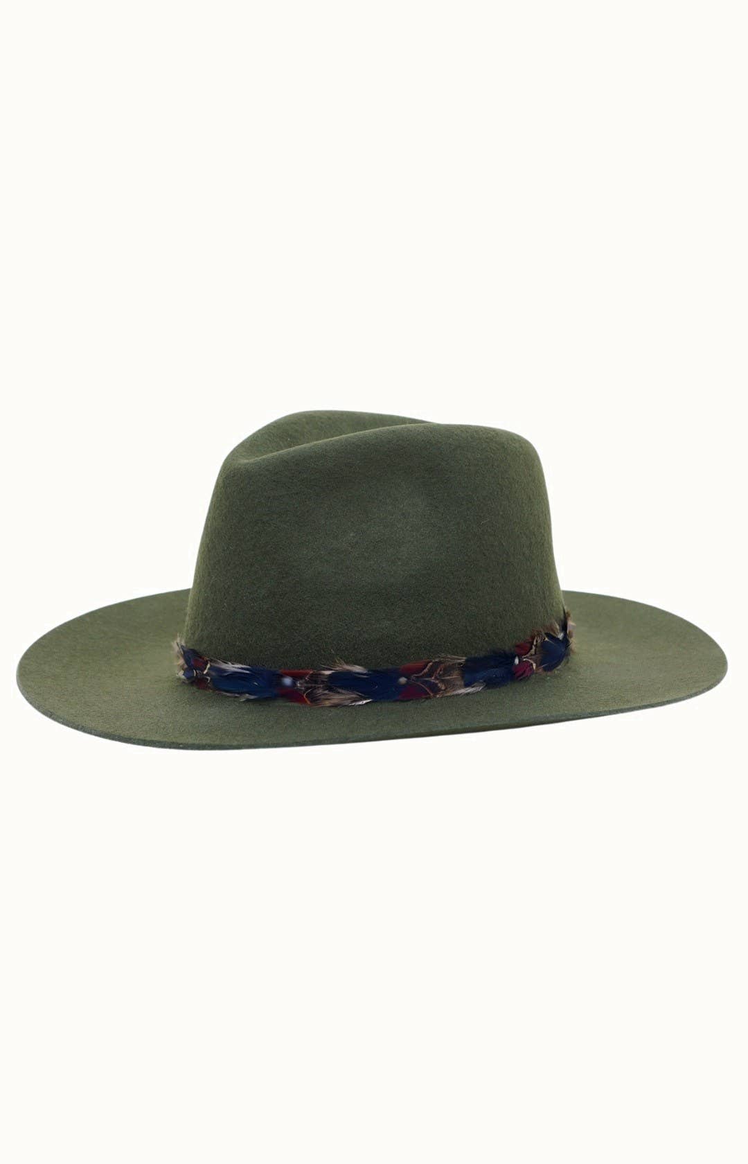 Feather Boho Trim Travel Friendly, Packable 100% Wool Felt Rancher, Adjustable, Olive