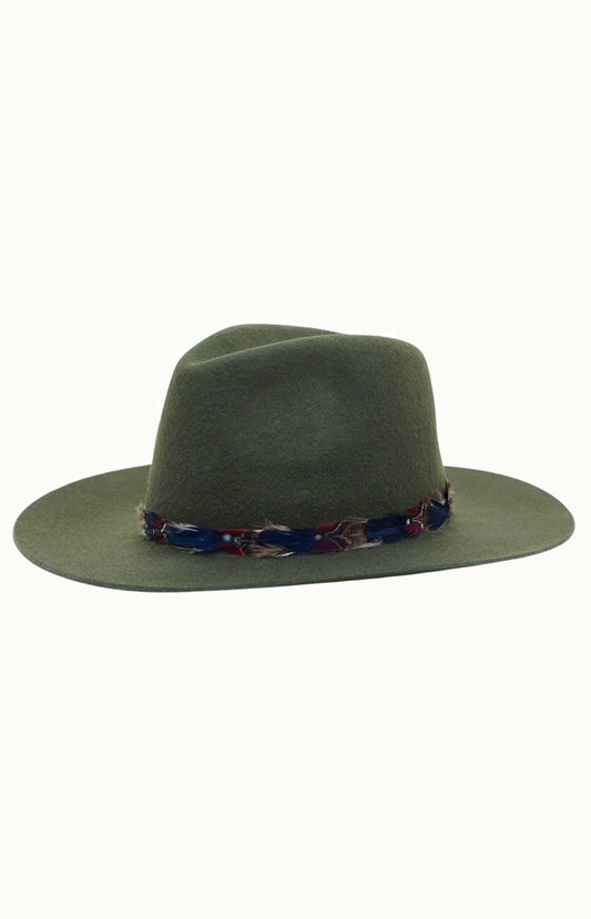 Feather Boho Trim Travel Friendly, Packable 100% Wool Felt Rancher, Adjustable, Olive