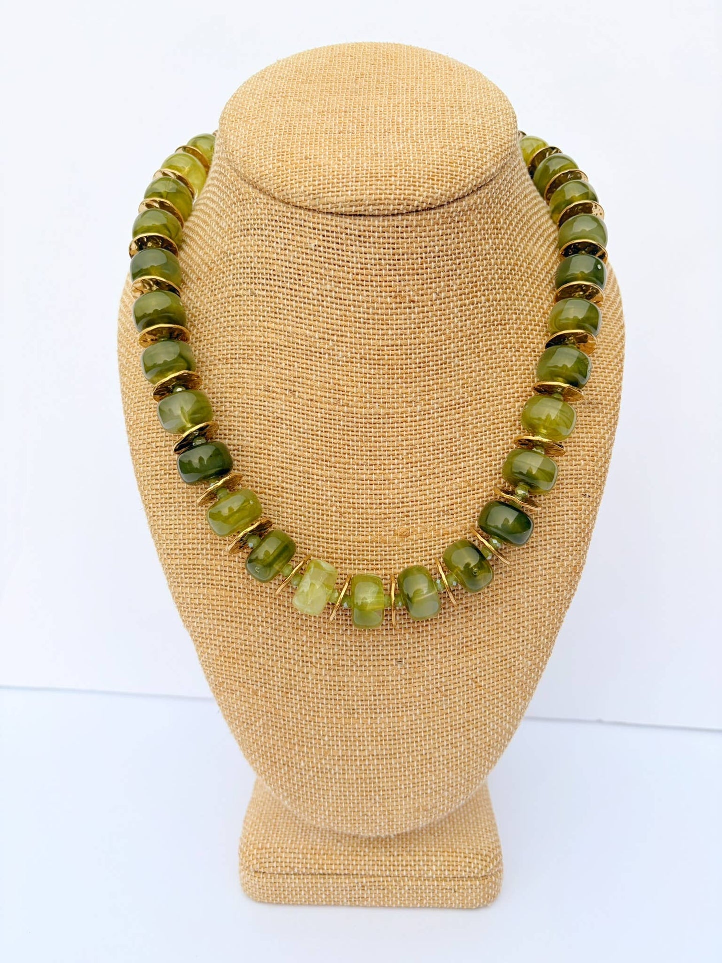 Round Olive Bead Necklace with Gold Spacers