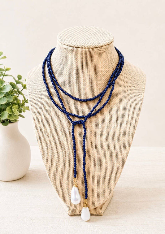 Long Seed Bead & Faux Baroque Pearl Lariat Wrap Necklace : Navy