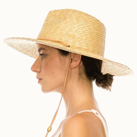 Structured Summer Straw Rancher Hat with Chin Cord: Beige