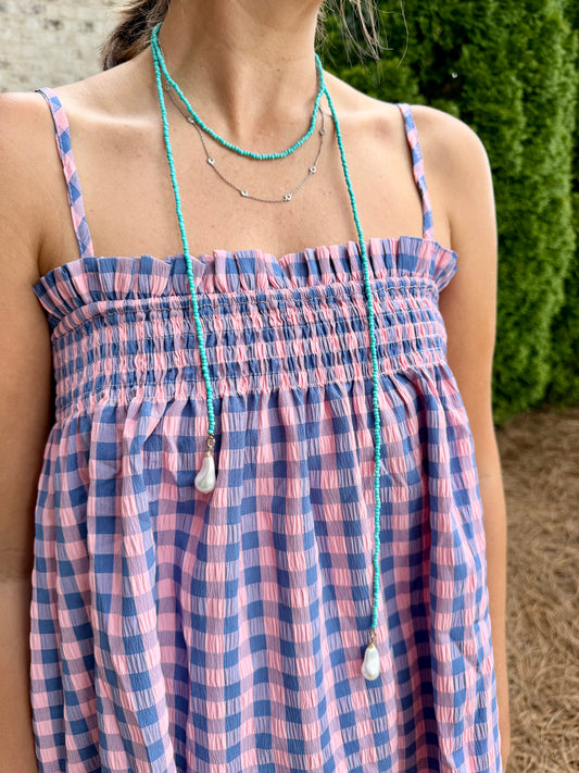 Long Seed Bead & Faux Baroque Pearl Lariat Wrap Necklace : Turquoise