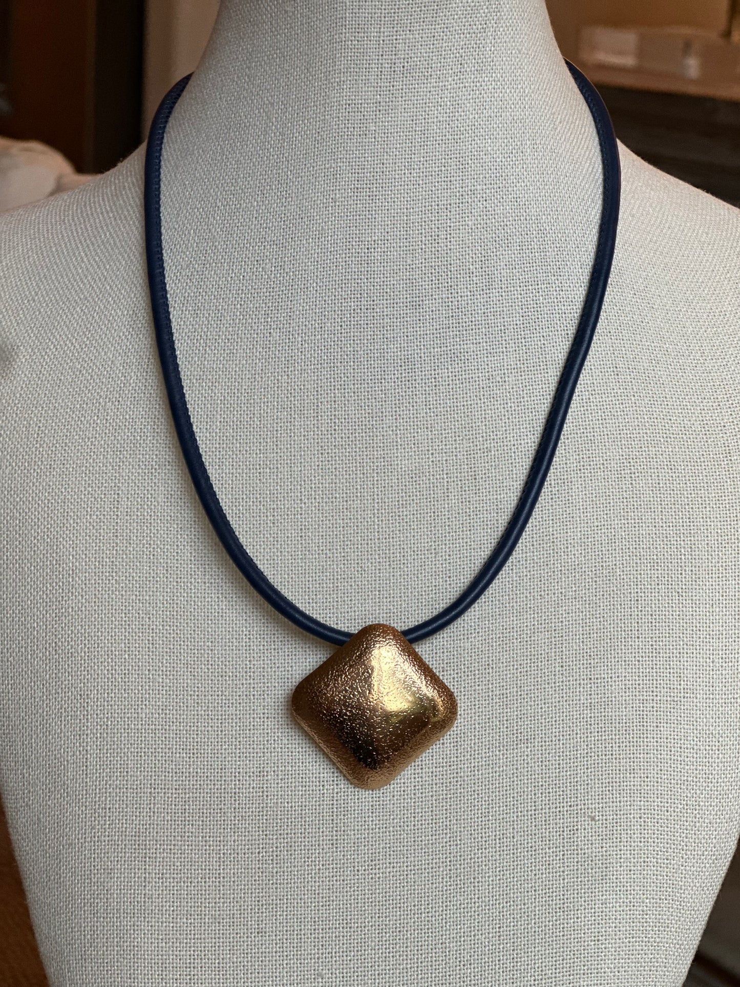 Navy Leather Cord 19" Neclace with Gold Slide