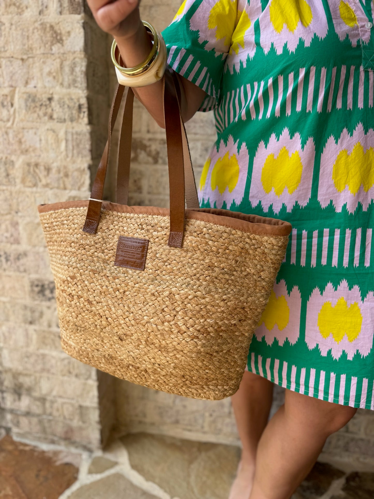 Jute Grass Natural Tote with Leather Handles