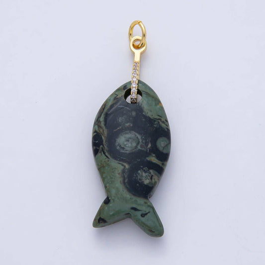 Gemstone Fish Charm with CZ Charm - Jasper