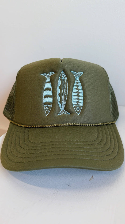 Sardine Hat: Olive hat | light blue thread