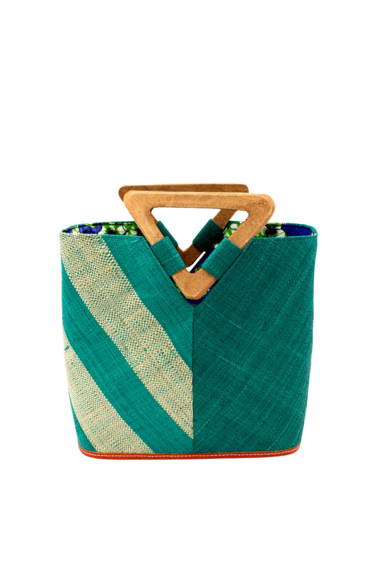 Zuki Two Tone Straw Bucket Handbag w/ Wood Triangle Handles: Teal Two Tone