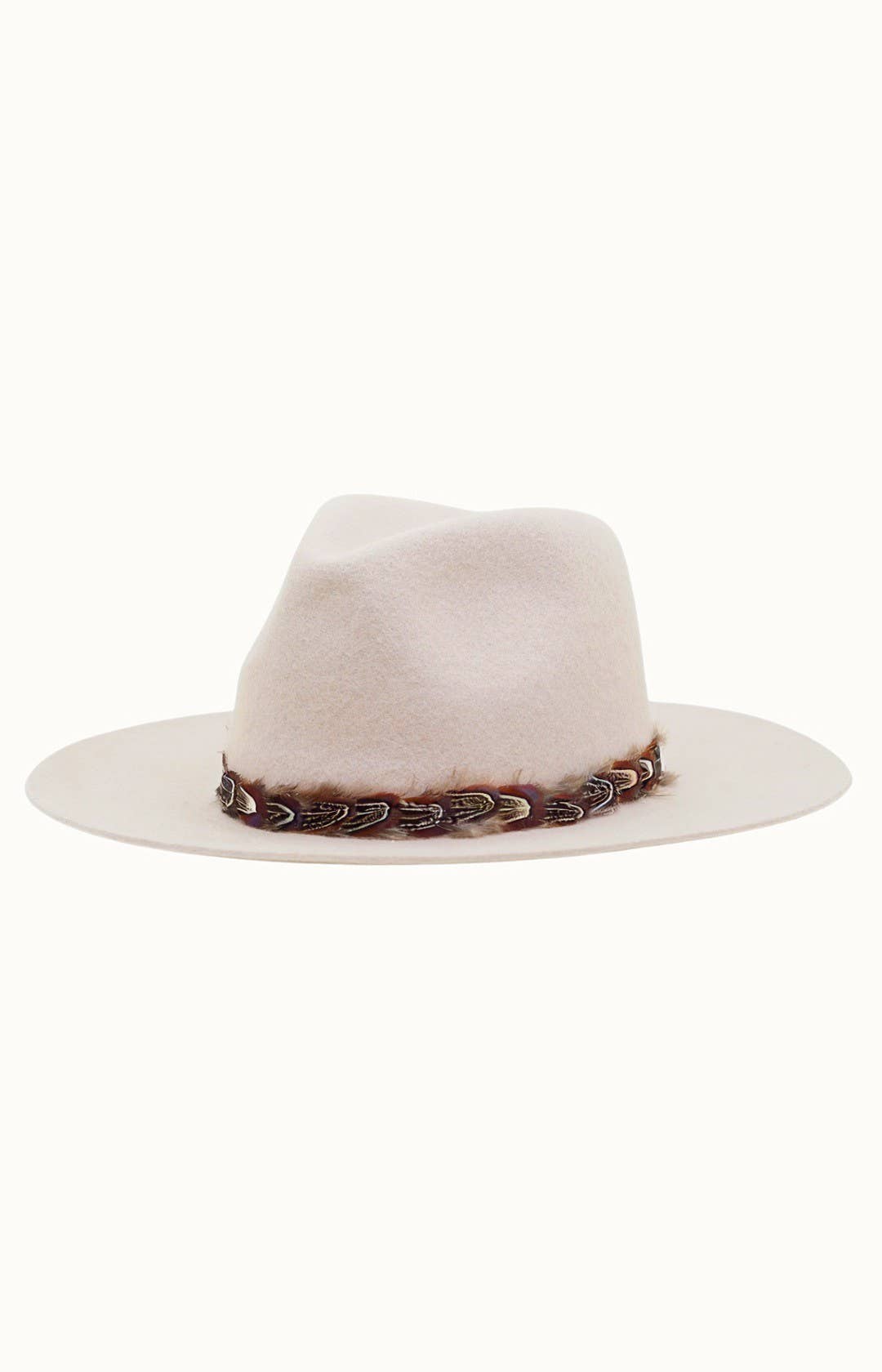 Feather Boho Trim Travel Friendly, Packable 100% Wool Felt Rancher, Adjustable, Beige