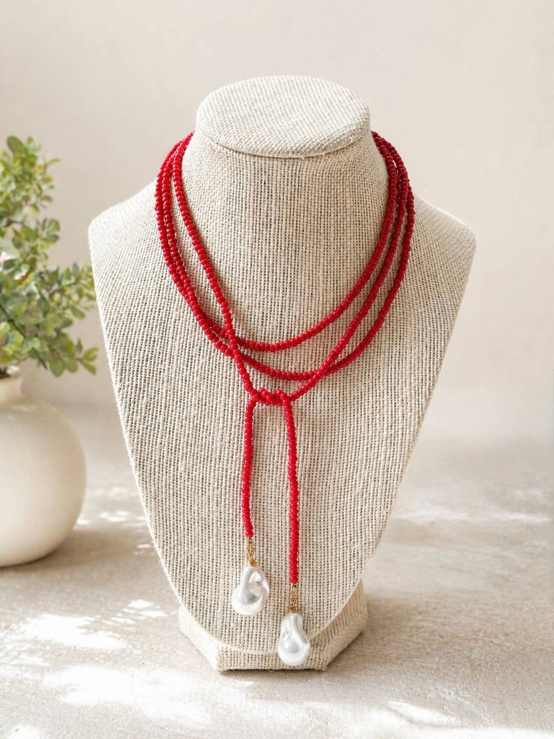 Long Seed Bead & Faux Baroque Pearl Lariat Wrap Necklace : Red