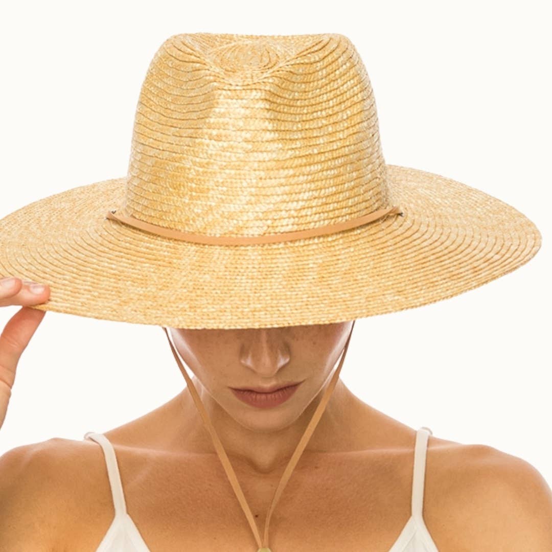 Structured Summer Straw Rancher Hat with Chin Cord: Beige