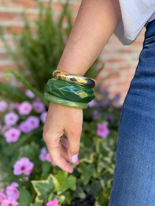 Green Marble & Metal Bangle Bracelet Set